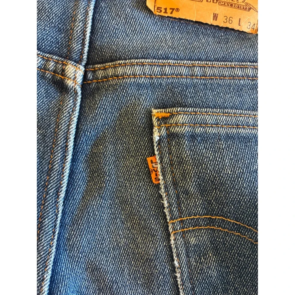 Vintage Levis 517 Orange Tab Jeans Mens 36x34 Bootcut Denim Made in USA 90s Blue